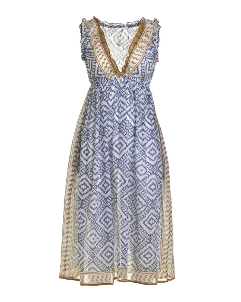 ΦΟΡΕΜΑ ΜΑΚΡΥ ΑΜΑΝΙΚΟ ΑΣΠΡΟ/ΜΠΛΕ ΜΕ ΜΟΥΣΤΑΡΔΙ ΛΕΠΤΟΜΕΡΕΙΕΣ ONE SIZE (100% COTTON).