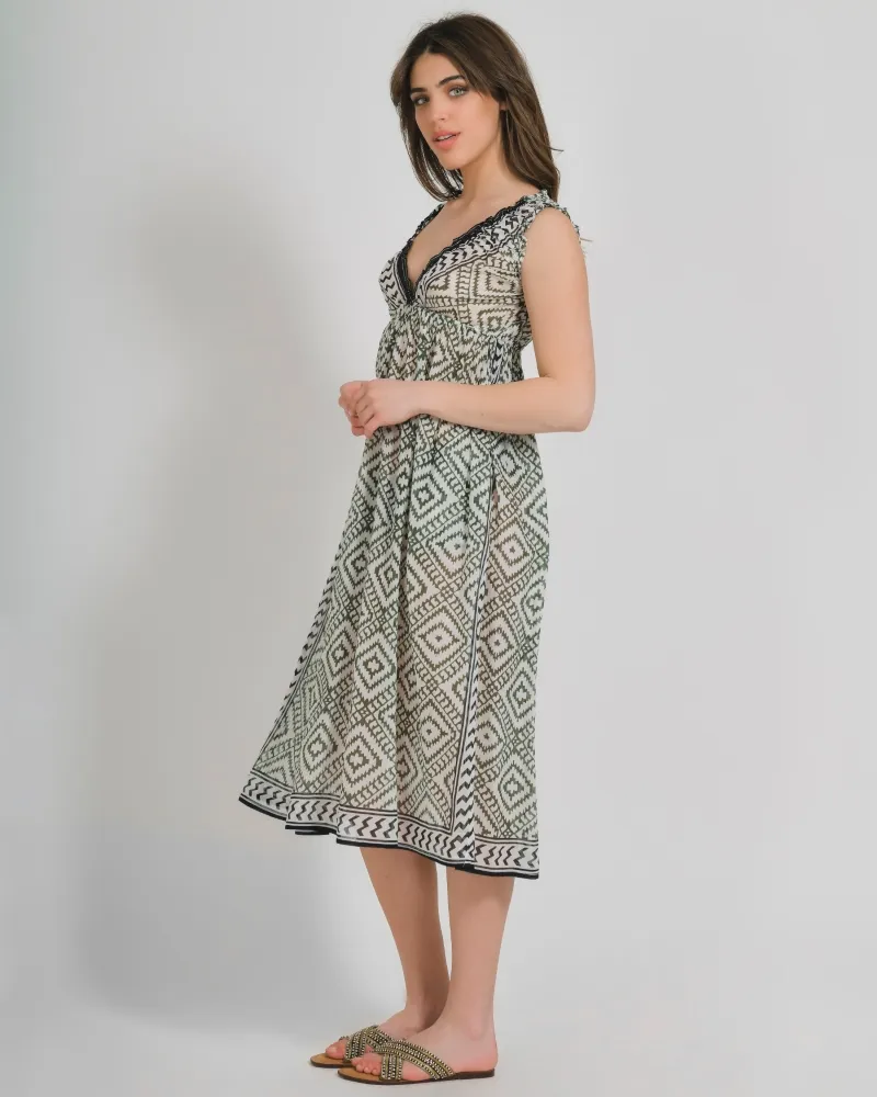 ΦΟΡΕΜΑ ΜΑΚΡΥ ΑΜΑΝΙΚΟ ΑΣΠΡΟ/ΠΡΑΣΙΝΟ ΜΕ ΜΑΥΡΕΣ ΛΕΠΤΟΜΕΡΕΙΕΣ ONE SIZE (100% COTTON)