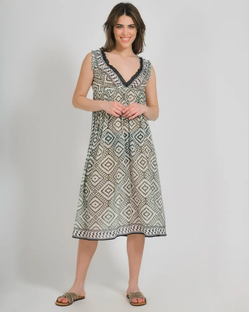 ΦΟΡΕΜΑ ΜΑΚΡΥ ΑΜΑΝΙΚΟ ΑΣΠΡΟ/ΠΡΑΣΙΝΟ ΜΕ ΜΑΥΡΕΣ ΛΕΠΤΟΜΕΡΕΙΕΣ ONE SIZE (100% COTTON)