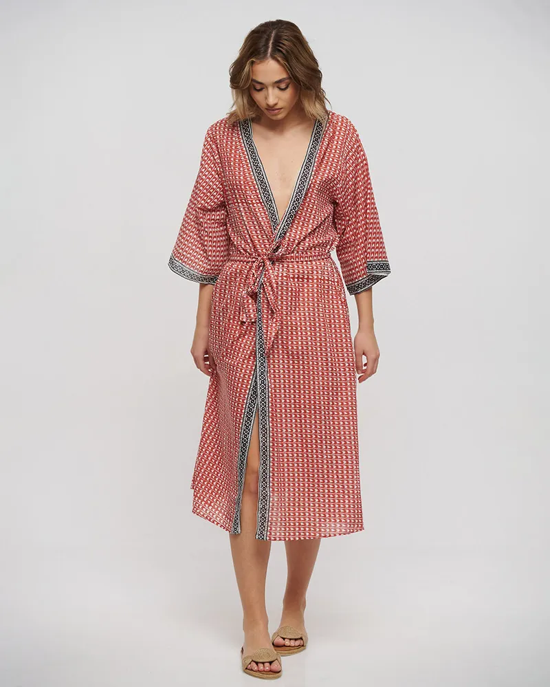 ΚΙΜΟΝΟ ΜΑΚΡΥ ΜΕ ΖΩΝΗ ΚΟΚΚΙΝΟ/ΛΕΥΚΟ/ΜΑΥΡΟ ONE SIZE (100% COTTON)