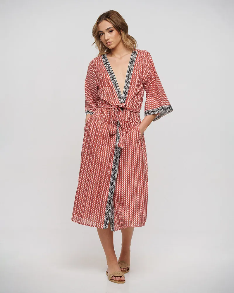 ΚΙΜΟΝΟ ΜΑΚΡΥ ΜΕ ΖΩΝΗ ΚΟΚΚΙΝΟ/ΛΕΥΚΟ/ΜΑΥΡΟ ONE SIZE (100% COTTON)