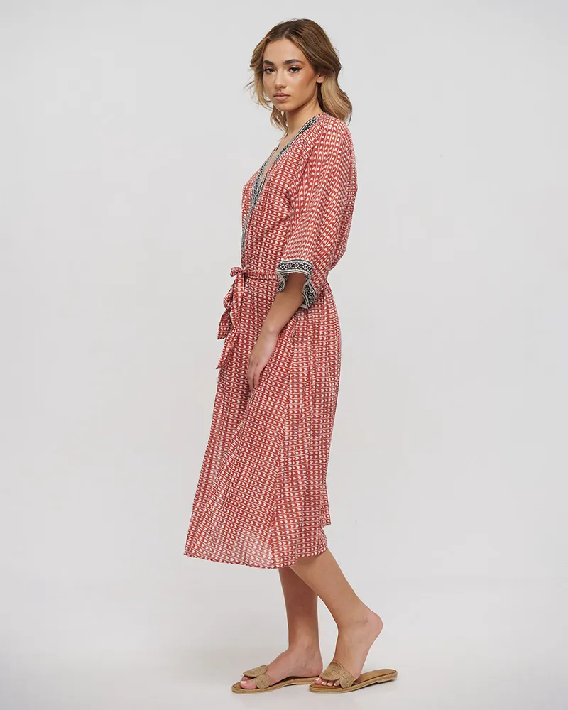 ΚΙΜΟΝΟ ΜΑΚΡΥ ΜΕ ΖΩΝΗ ΚΟΚΚΙΝΟ/ΛΕΥΚΟ/ΜΑΥΡΟ ONE SIZE (100% COTTON)