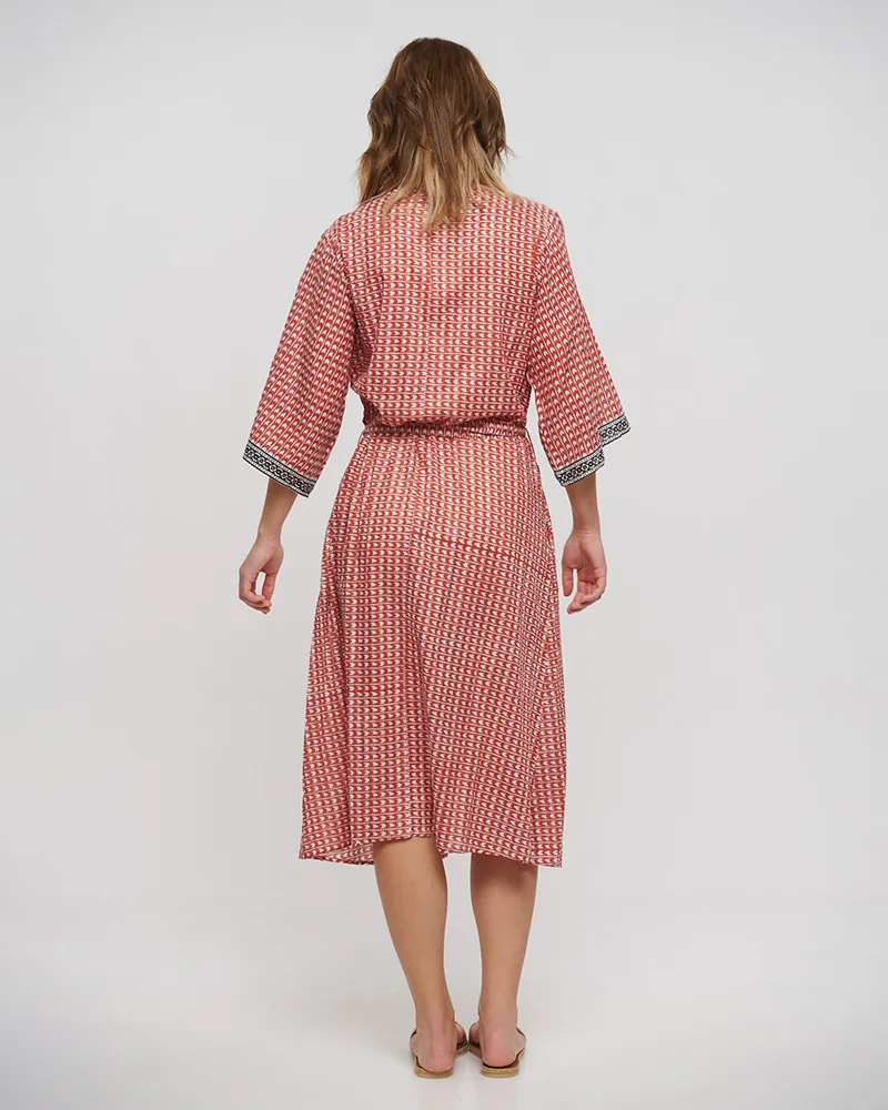 ΚΙΜΟΝΟ ΜΑΚΡΥ ΜΕ ΖΩΝΗ ΚΟΚΚΙΝΟ/ΛΕΥΚΟ/ΜΑΥΡΟ ONE SIZE (100% COTTON)