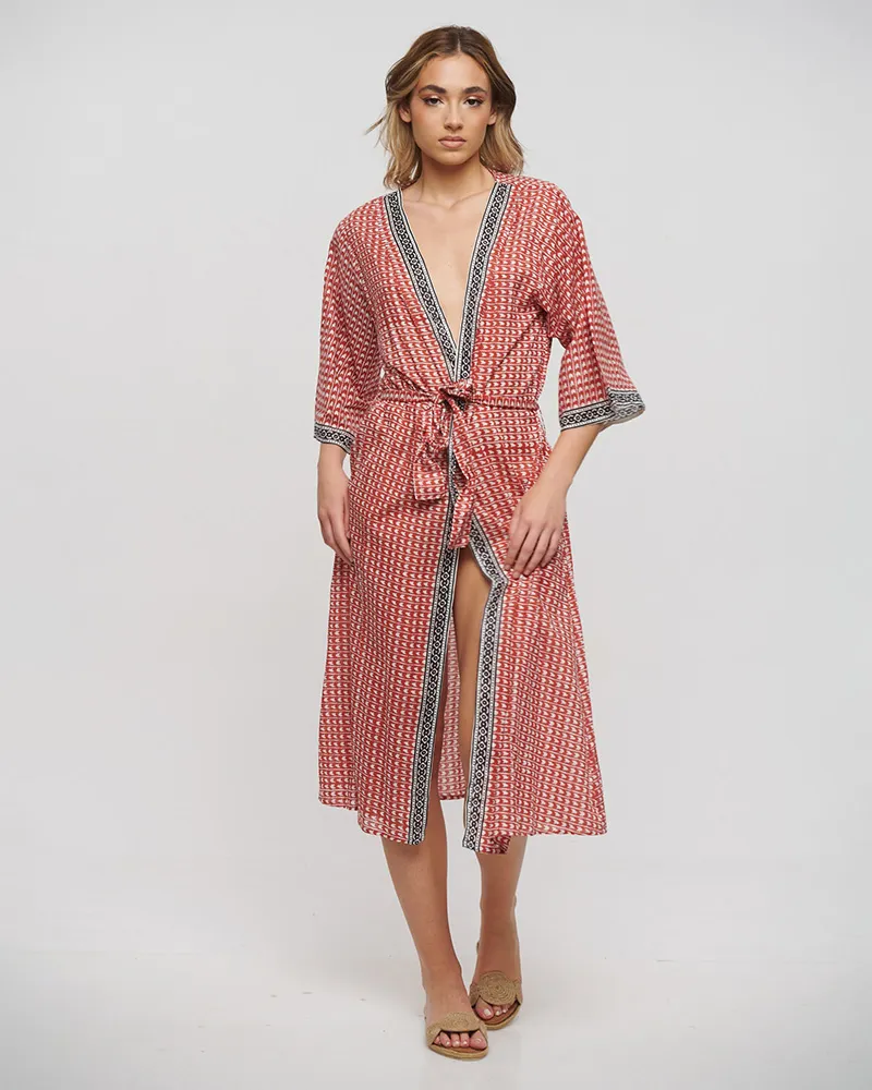 ΚΙΜΟΝΟ ΜΑΚΡΥ ΜΕ ΖΩΝΗ ΚΟΚΚΙΝΟ/ΛΕΥΚΟ/ΜΑΥΡΟ ONE SIZE (100% COTTON)