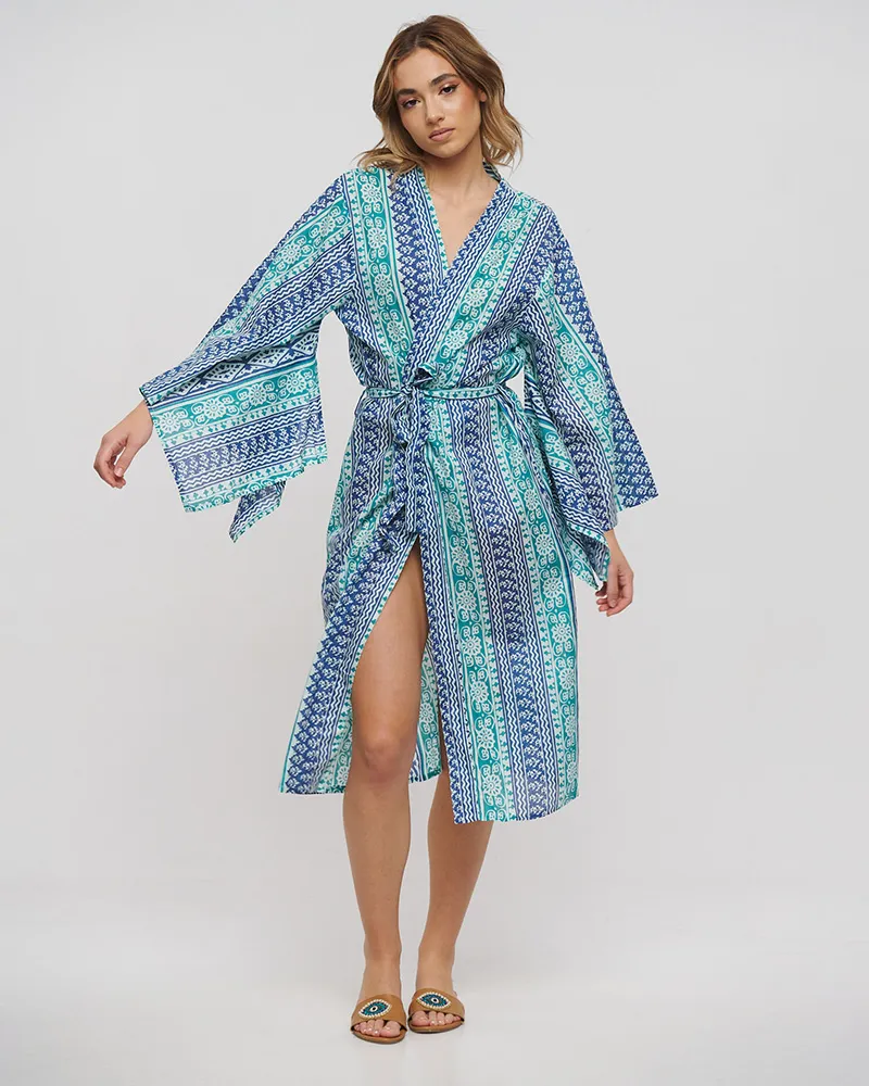 ΚΙΜΟΝΟ ΜΑΚΡΥ ΜΕ ΖΩΝΗ ΜΠΛΕ/ΠΡΑΣΙΝΟ ONE SIZE (100% COTTON)