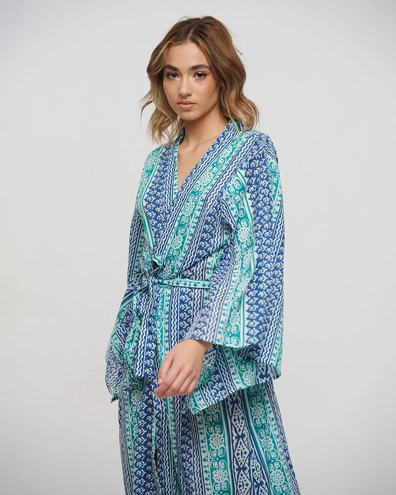 ΚΙΜΟΝΟ ΜΑΚΡΥ ΜΕ ΖΩΝΗ ΜΠΛΕ/ΠΡΑΣΙΝΟ ONE SIZE (100% COTTON)