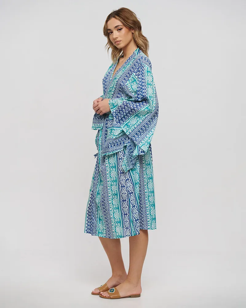 ΚΙΜΟΝΟ ΜΑΚΡΥ ΜΕ ΖΩΝΗ ΜΠΛΕ/ΠΡΑΣΙΝΟ ONE SIZE (100% COTTON)