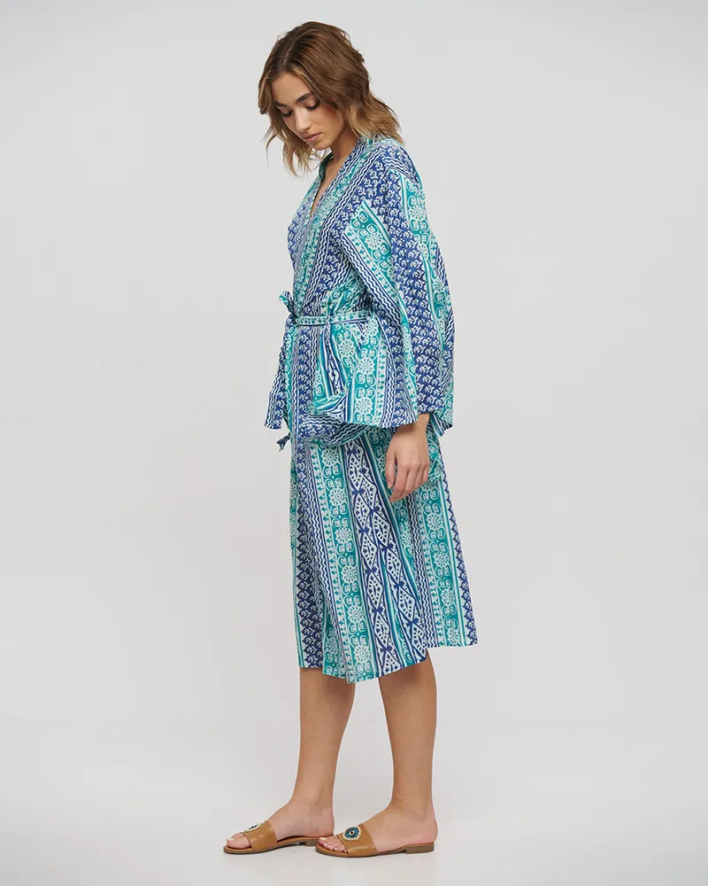 ΚΙΜΟΝΟ ΜΑΚΡΥ ΜΕ ΖΩΝΗ ΜΠΛΕ/ΠΡΑΣΙΝΟ ONE SIZE (100% COTTON)