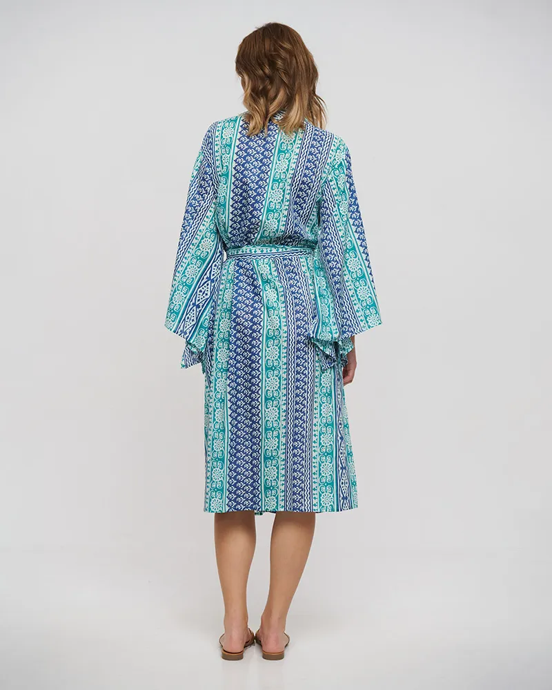 ΚΙΜΟΝΟ ΜΑΚΡΥ ΜΕ ΖΩΝΗ ΜΠΛΕ/ΠΡΑΣΙΝΟ ONE SIZE (100% COTTON)