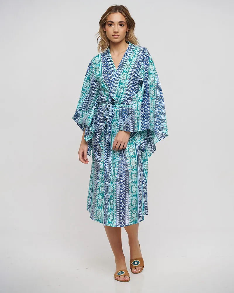 ΚΙΜΟΝΟ ΜΑΚΡΥ ΜΕ ΖΩΝΗ ΜΠΛΕ/ΠΡΑΣΙΝΟ ONE SIZE (100% COTTON)