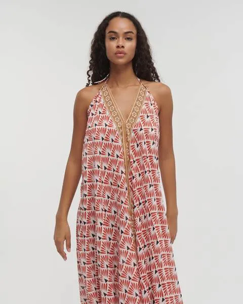 ΦΟΡΕΜΑ ΜΑΚΡΥ ΕΞΩΠΛΑΤΟ ΚΟΚΚΙΝΟ/ΜΠΕΖ/ΜΟΥΣΤΑΡΔΙ ΜΕ ΣΧΕΔΙΑ ONE SIZE (100% COTTON)