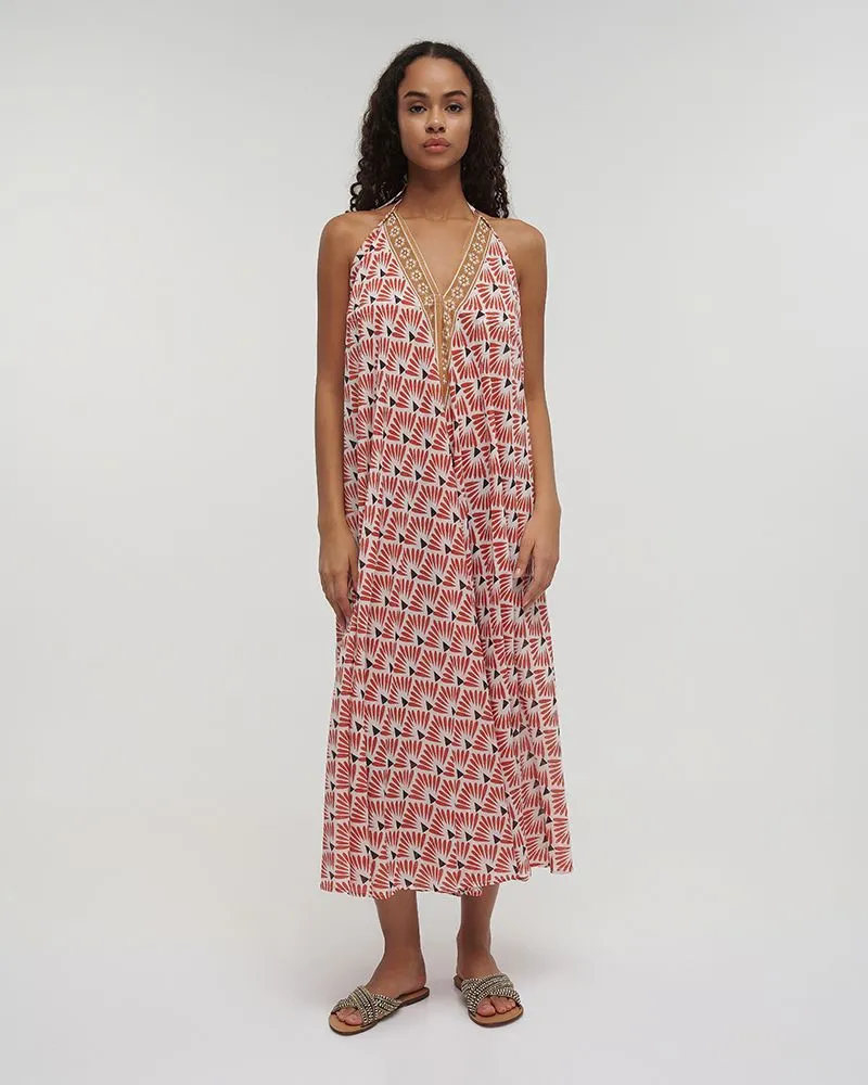 ΦΟΡΕΜΑ ΜΑΚΡΥ ΕΞΩΠΛΑΤΟ ΚΟΚΚΙΝΟ/ΜΠΕΖ/ΜΟΥΣΤΑΡΔΙ ΜΕ ΣΧΕΔΙΑ ONE SIZE (100% COTTON)