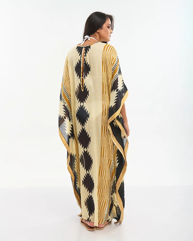 ΚΑΦΤΑΝΙ ΜΑΚΡΥ ΜΠΕΖ/ΜΑΥΡΟ/ΜΟΥΣΤΑΡΔΙ ΜΕ ΧΡΥΣΕΣ ΛΕΠΤΟΜΕΡΕΙΕΣ ONE SIZE (100% COTTON)