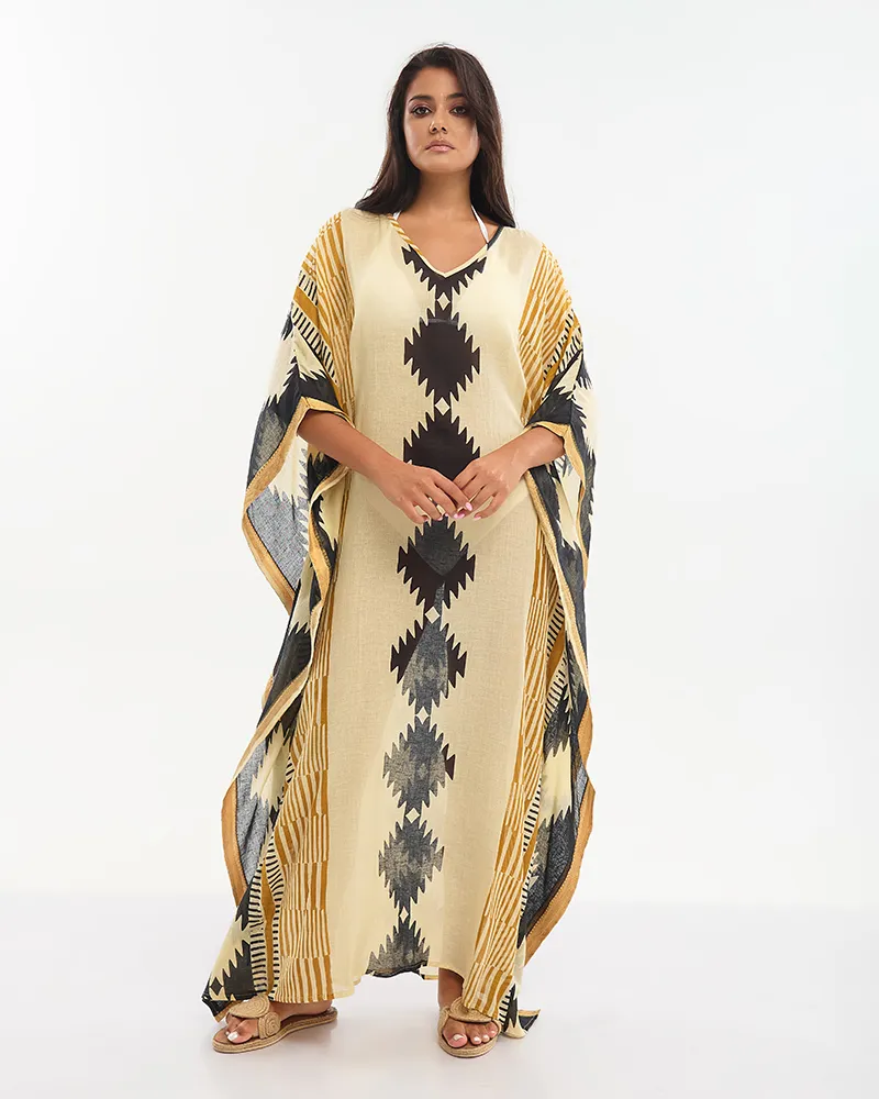 ΚΑΦΤΑΝΙ ΜΑΚΡΥ ΜΠΕΖ/ΜΑΥΡΟ/ΜΟΥΣΤΑΡΔΙ ΜΕ ΧΡΥΣΕΣ ΛΕΠΤΟΜΕΡΕΙΕΣ ONE SIZE (100% COTTON)