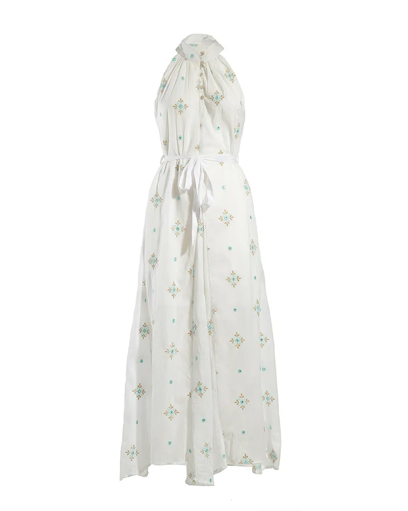 ΦΟΡΕΜΑ ΜΑΚΡΥ ΑΜΑΝΙΚΟ ΛΕΥΚΟ ΜΕ ΜΠΛΕ/ΧΡΥΣΑ ΣΧΕΔΙΑ ΚΑΙ ΖΩΝΑΚΙ ONE SIZE (100% COTTON)