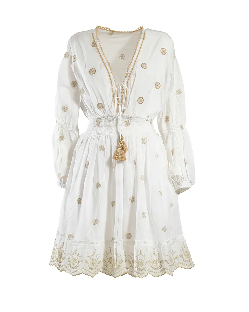 ΦΟΡΕΜΑ ΚΟΝΤΟ ΜΑΚΡΥΜΑΝΙΚΟ ΛΕΥΚΟ ΜΕ ΜΠΕΖ ΣΧΕΔΙΑ ONE SIZE (100% COTTON)