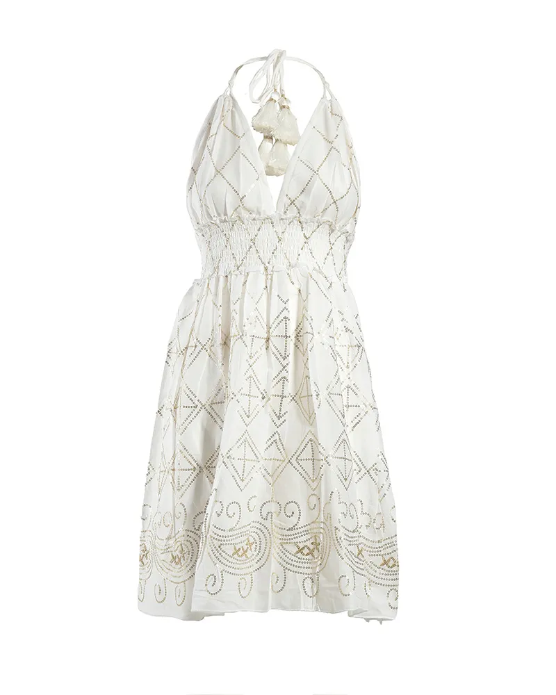 ΦΟΡΕΜΑ ΚΟΝΤΟ ΑΜΑΝΙΚΟ ΛΕΥΚΟ ΜΕ ΧΡΥΣΕΣ ΛΕΠΤΟΜΕΡΕΙΕΣ ONE SIZE (100% COTTON)