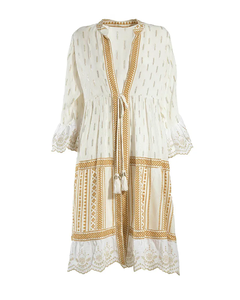 ΦΟΡΕΜΑ ΚΟΝΤΟ ΜΑΚΡΥΜΑΝΙΚΟ ΛΕΥΚΟ ΜΕ ΧΡΥΣΑ/ΜΠΕΖ ΣΧΕΔΙΑ ONE SIZE (100% VISCOSE)