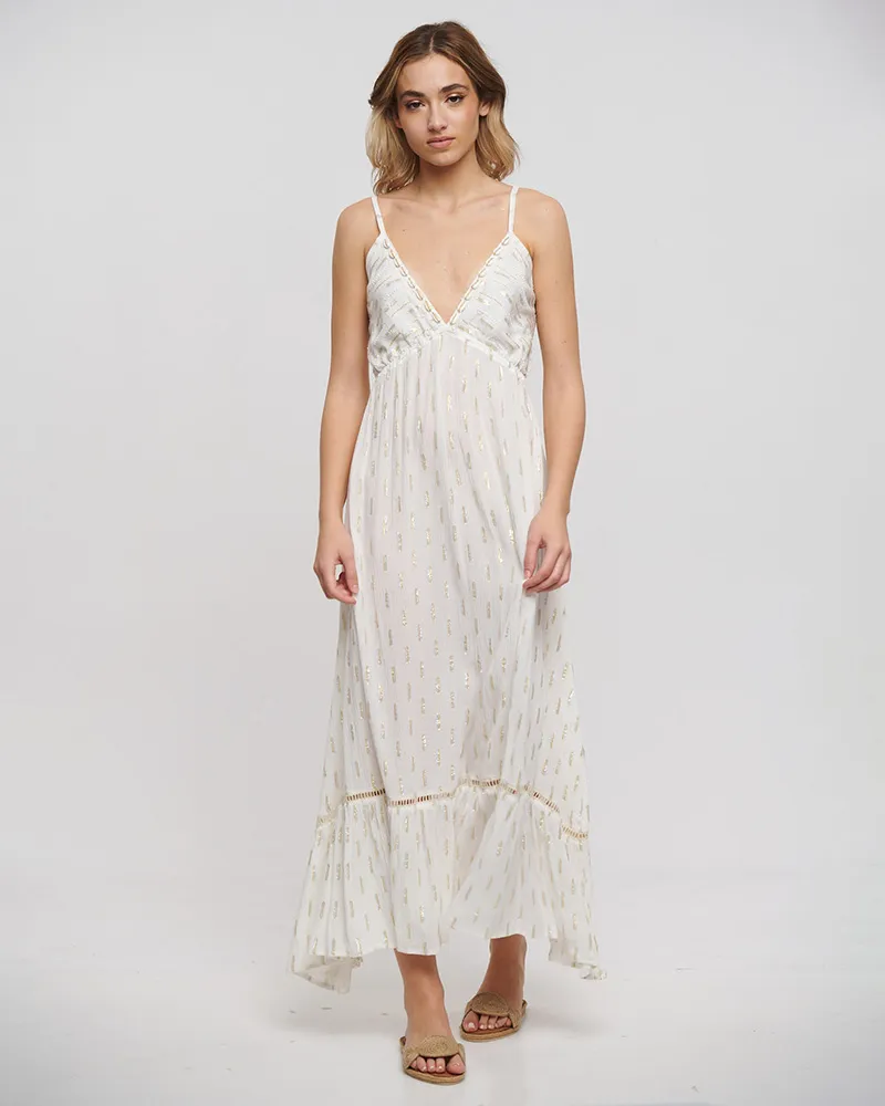 ΦΟΡΕΜΑ ΜΑΚΡΥ ΑΜΑΝΙΚΟ ΛΕΥΚΟ ΜΕ ΧΡΥΣΕΣ ΛΕΠΤΟΜΕΡΕΙΕΣ ONE SIZE (100% VISCOSE)