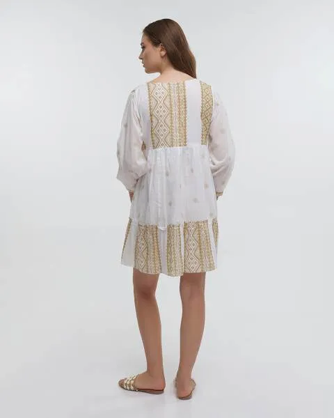 ΦΟΡΕΜΑ ΚΟΝΤΟ ΜΕ ΜΑΚΡΥ ΜΑΝΙΚΙ ΛΕΥΚΟ/ΜΠΕΖ ONE SIZE (100%COTTON)