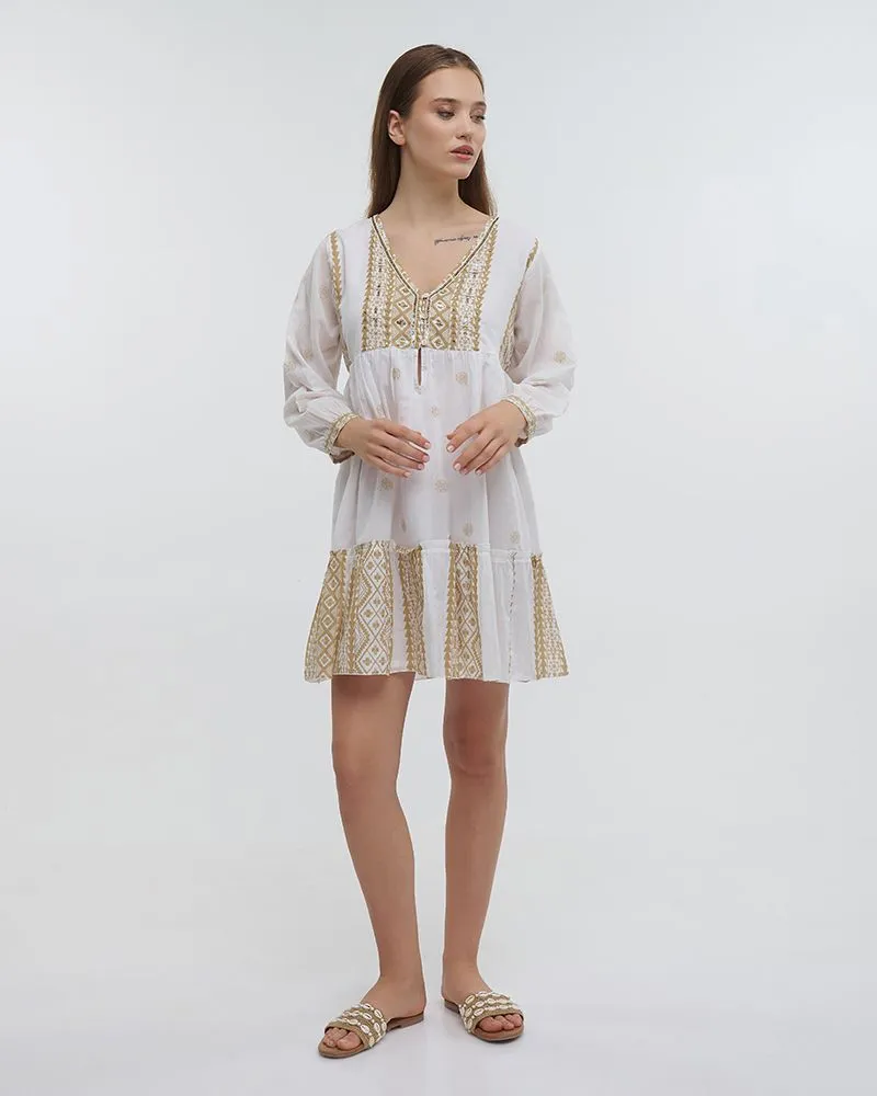 ΦΟΡΕΜΑ ΚΟΝΤΟ ΜΕ ΜΑΚΡΥ ΜΑΝΙΚΙ ΛΕΥΚΟ/ΜΠΕΖ ONE SIZE (100%COTTON)