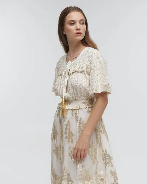 ΦΟΡΕΜΑ ΜΑΚΡΥ ΜΕ ΚΟΝΤΟ ΜΑΝΙΚΙ ΛΕΥΚΟ/ΜΠΕΖ/ΧΡΥΣΟ ONE SIZE (100%COTTON)