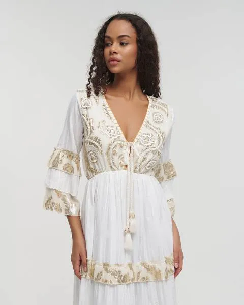 ΦΟΡΕΜΑ ΜΑΚΡΥ ΜΕ ΜΑΚΡΥ ΜΑΝΙΚΙ ΛΕΥΚΟ/ΧΡΥΣΟ ONE SIZE (100%COTTON)