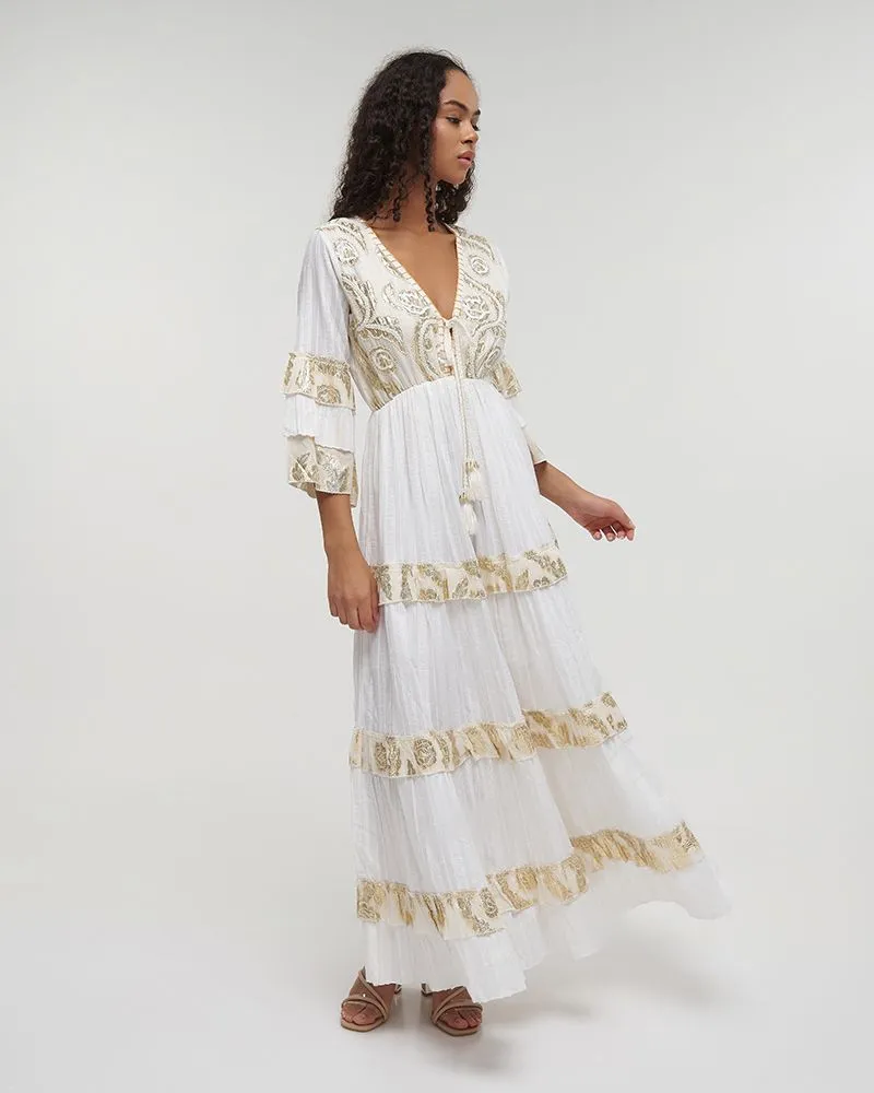 ΦΟΡΕΜΑ ΜΑΚΡΥ ΜΕ ΜΑΚΡΥ ΜΑΝΙΚΙ ΛΕΥΚΟ/ΧΡΥΣΟ ONE SIZE (100%COTTON)