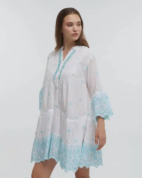 ΦΟΡΕΜΑ ΚΟΝΤΟ ΜΕ 3/4 ΜΑΝΙΚΙ ΛΕΥΚΟ/ΤΥΡΚΟΥΑΖ ONE SIZE (100%COTTON)