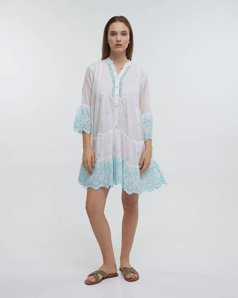 ΦΟΡΕΜΑ ΚΟΝΤΟ ΜΕ 3/4 ΜΑΝΙΚΙ ΛΕΥΚΟ/ΤΥΡΚΟΥΑΖ ONE SIZE (100%COTTON)