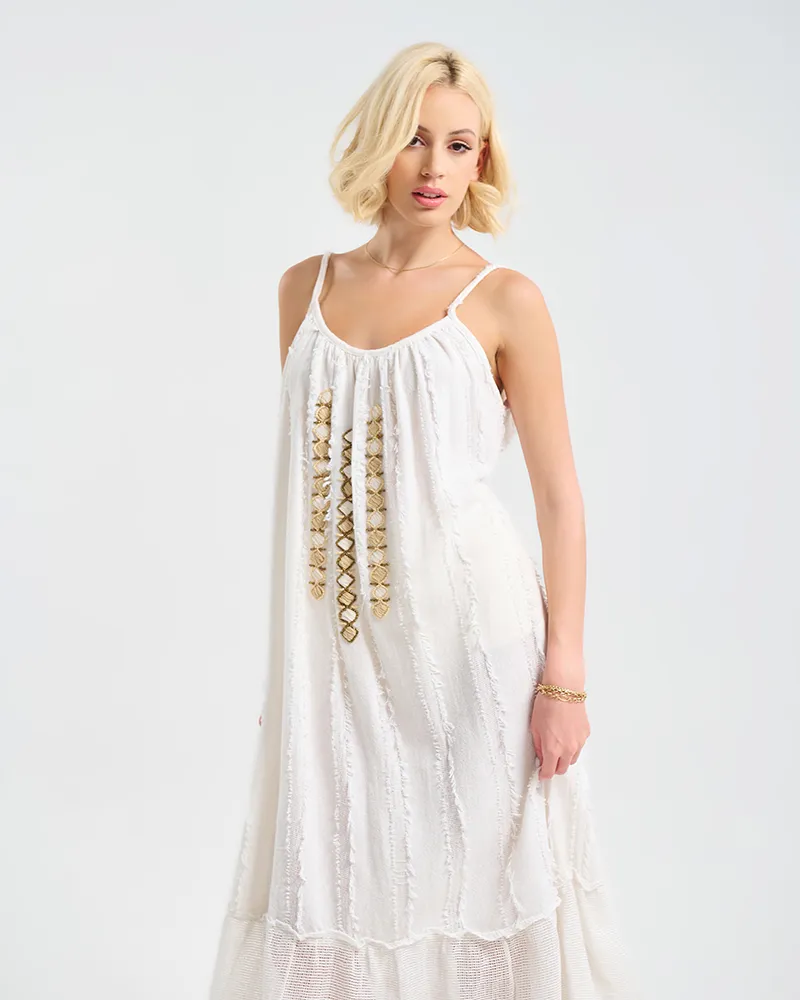 ΦΟΡΕΜΑ ΜΑΚΡΥ ΑΜΑΝΙΚΟ ΛΕΥΚΟ ΜΕ ΜΠΕΖ ΛΕΠΤΟΜΕΡΕΙΕΣ ONE SIZE (100% COTTON)