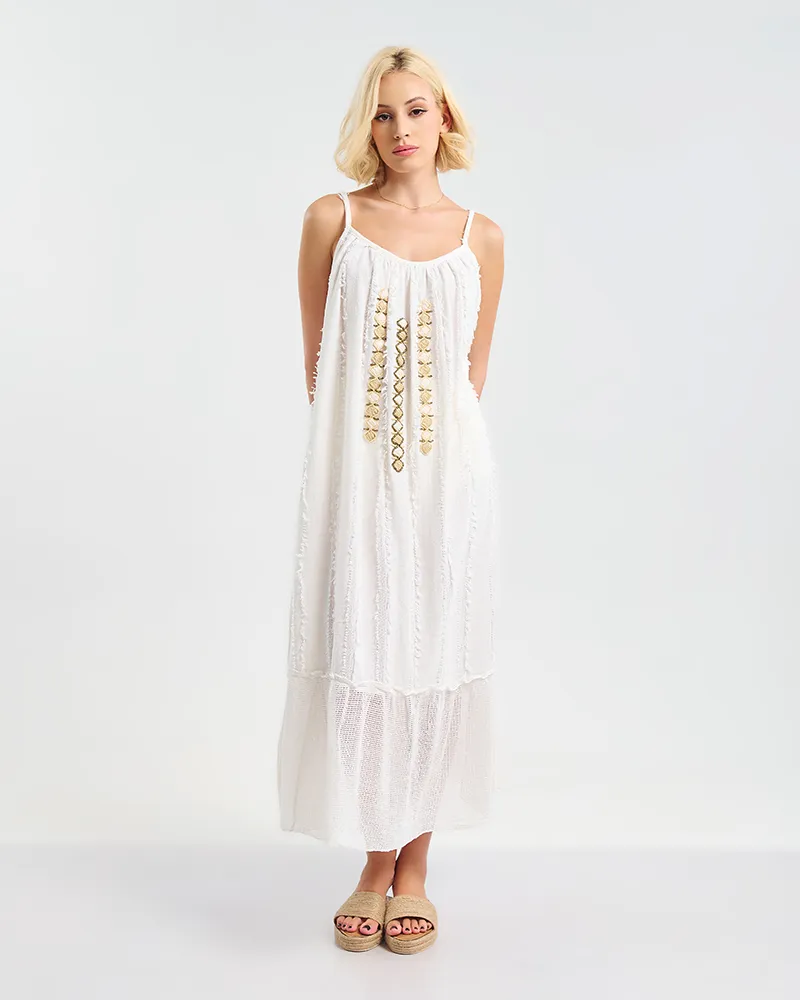 ΦΟΡΕΜΑ ΜΑΚΡΥ ΑΜΑΝΙΚΟ ΛΕΥΚΟ ΜΕ ΜΠΕΖ ΛΕΠΤΟΜΕΡΕΙΕΣ ONE SIZE (100% COTTON)