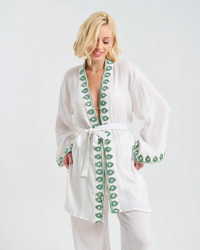 S/2 ΚΙΜΟΝΟ ΜΕ ΖΩΝΗ ΚΑΙ ΠΑΝΤΕΛΟΝΑ ΛΕΥΚΟ ΜΕ ΠΡΑΣΙΝΕΣ ΛΕΠΤΟΜΕΡΕΙΕΣ ONE SIZE (100% COTTON)