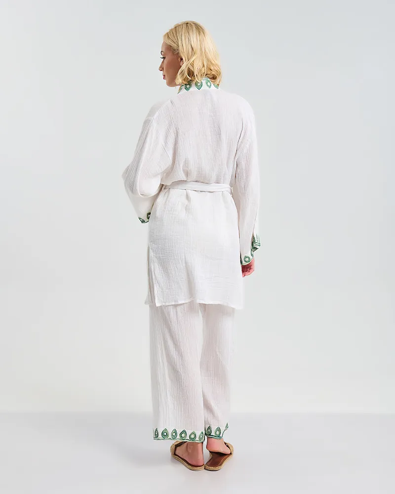 S/2 ΚΙΜΟΝΟ ΜΕ ΖΩΝΗ ΚΑΙ ΠΑΝΤΕΛΟΝΑ ΛΕΥΚΟ ΜΕ ΠΡΑΣΙΝΕΣ ΛΕΠΤΟΜΕΡΕΙΕΣ ONE SIZE (100% COTTON)