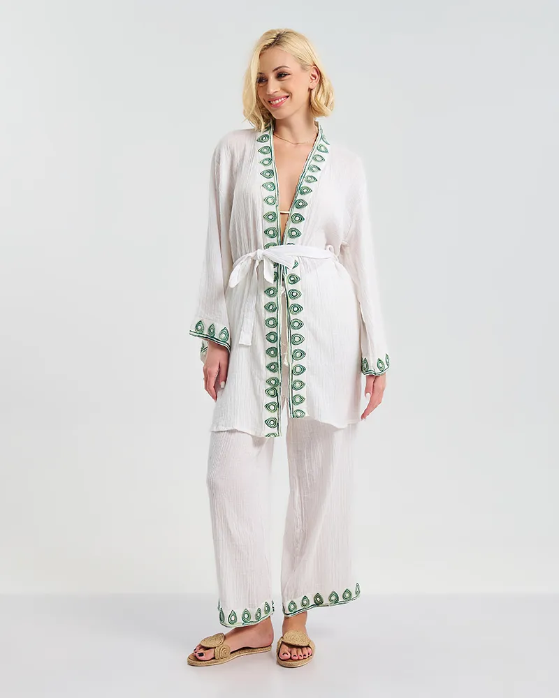 S/2 ΚΙΜΟΝΟ ΜΕ ΖΩΝΗ ΚΑΙ ΠΑΝΤΕΛΟΝΑ ΛΕΥΚΟ ΜΕ ΠΡΑΣΙΝΕΣ ΛΕΠΤΟΜΕΡΕΙΕΣ ONE SIZE (100% COTTON)