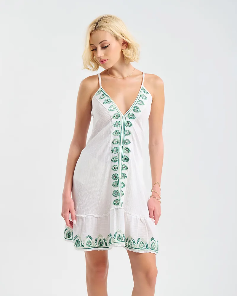 ΦΟΡΕΜΑ ΚΟΝΤΟ ΑΜΑΝΙΚΟ ΛΕΥΚΟ ΜΕ ΠΡΑΣΙΝΕΣ ΛΕΠΤΟΜΕΡΕΙΕΣ ONE SIZE (100% COTTON)