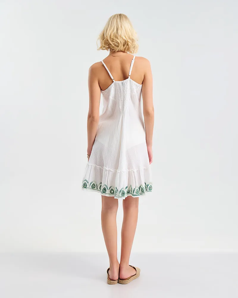 ΦΟΡΕΜΑ ΚΟΝΤΟ ΑΜΑΝΙΚΟ ΛΕΥΚΟ ΜΕ ΠΡΑΣΙΝΕΣ ΛΕΠΤΟΜΕΡΕΙΕΣ ONE SIZE (100% COTTON)