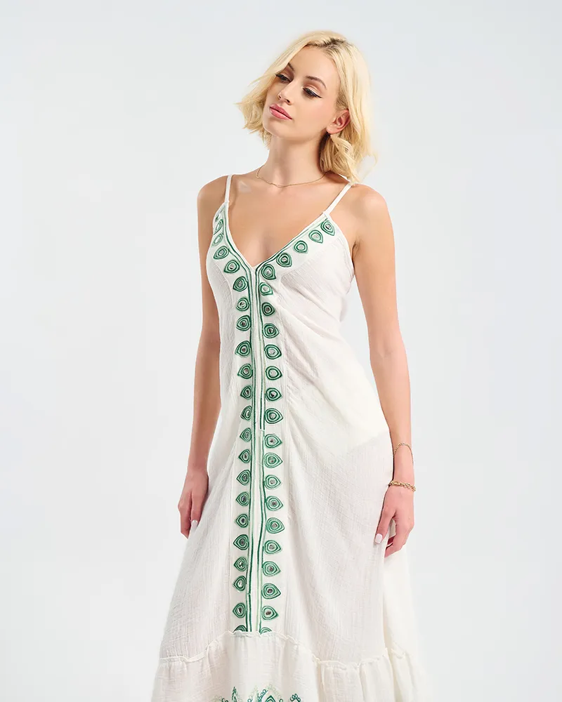 ΦΟΡΕΜΑ ΜΑΚΡΥ ΑΜΑΝΙΚΟ ΛΕΥΚΟ ΜΕ ΠΡΑΣΙΝΕΣ ΛΕΠΤΟΜΕΡΕΙΕΣ ONE SIZE (100% COTTON)