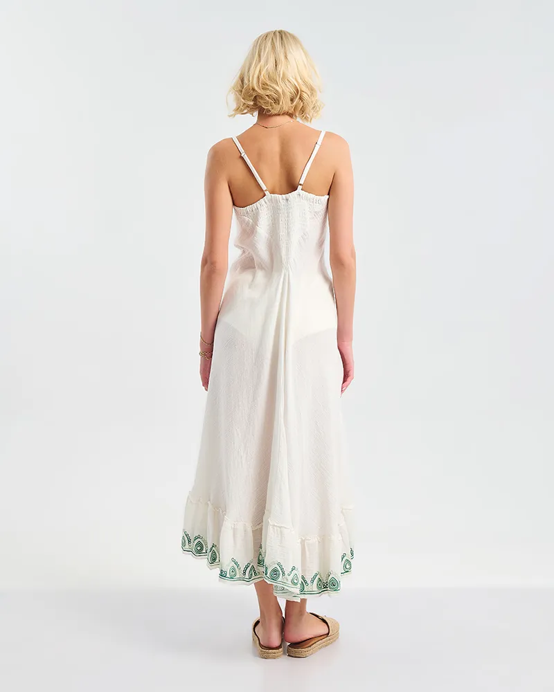 ΦΟΡΕΜΑ ΜΑΚΡΥ ΑΜΑΝΙΚΟ ΛΕΥΚΟ ΜΕ ΠΡΑΣΙΝΕΣ ΛΕΠΤΟΜΕΡΕΙΕΣ ONE SIZE (100% COTTON)