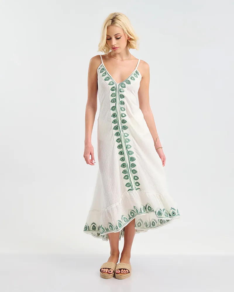 ΦΟΡΕΜΑ ΜΑΚΡΥ ΑΜΑΝΙΚΟ ΛΕΥΚΟ ΜΕ ΠΡΑΣΙΝΕΣ ΛΕΠΤΟΜΕΡΕΙΕΣ ONE SIZE (100% COTTON)