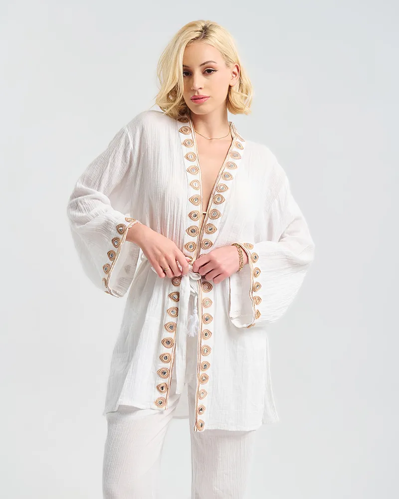 S/2 ΚΙΜΟΝΟ ΜΕ ΖΩΝΗ ΚΑΙ ΠΑΝΤΕΛΟΝΑ ΛΕΥΚΟ ΜΕ ΚΑΦΕ ΛΕΠΤΟΜΕΡΕΙΕΣ ONE SIZE (100% COTTON)