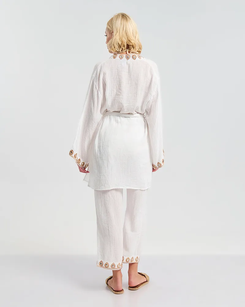 S/2 ΚΙΜΟΝΟ ΜΕ ΖΩΝΗ ΚΑΙ ΠΑΝΤΕΛΟΝΑ ΛΕΥΚΟ ΜΕ ΚΑΦΕ ΛΕΠΤΟΜΕΡΕΙΕΣ ONE SIZE (100% COTTON)