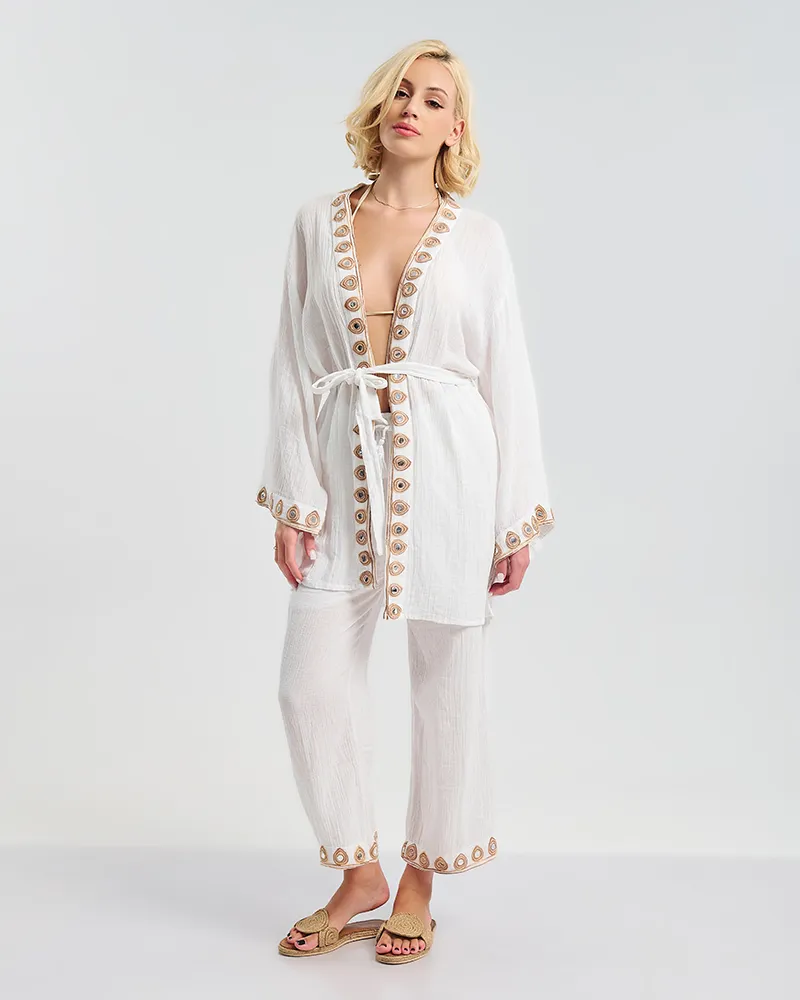 S/2 ΚΙΜΟΝΟ ΜΕ ΖΩΝΗ ΚΑΙ ΠΑΝΤΕΛΟΝΑ ΛΕΥΚΟ ΜΕ ΚΑΦΕ ΛΕΠΤΟΜΕΡΕΙΕΣ ONE SIZE (100% COTTON)