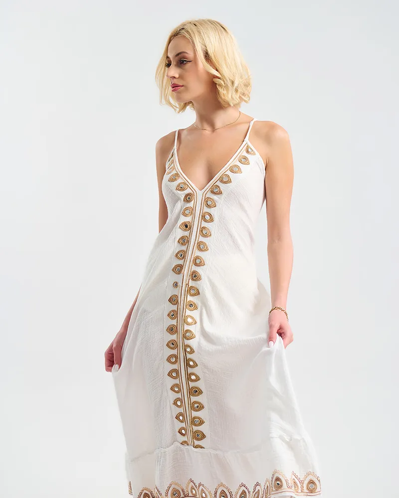 ΦΟΡΕΜΑ ΜΑΚΡΥ ΑΜΑΝΙΚΟ ΛΕΥΚΟ ΜΕ ΚΑΦΕ ΛΕΠΤΟΜΕΡΕΙΕΣ ONE SIZE (100% COTTON)