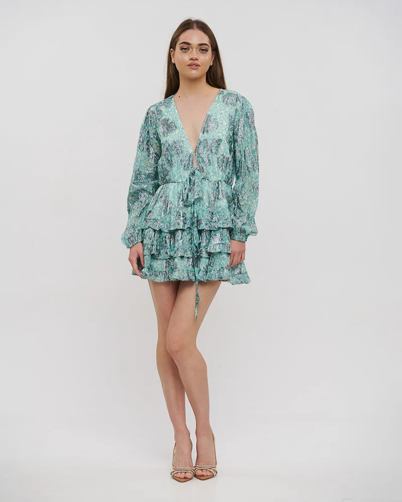 ΦΟΡΕΜΑ ΚΟΝΤΟ ΜΕ ΜΑΚΡΥ ΜΑΝΙΚΙ ΤΥΡΚΟΥΑΖ ΜΕ ΛΟΥΛΟΥΔΙΑ ΚΑΙ LUREX ONE SIZE (VISCOSE GEORGETTE)