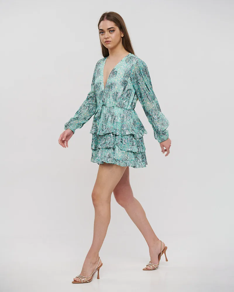 ΦΟΡΕΜΑ ΚΟΝΤΟ ΜΕ ΜΑΚΡΥ ΜΑΝΙΚΙ ΤΥΡΚΟΥΑΖ ΜΕ ΛΟΥΛΟΥΔΙΑ ΚΑΙ LUREX ONE SIZE (VISCOSE GEORGETTE)