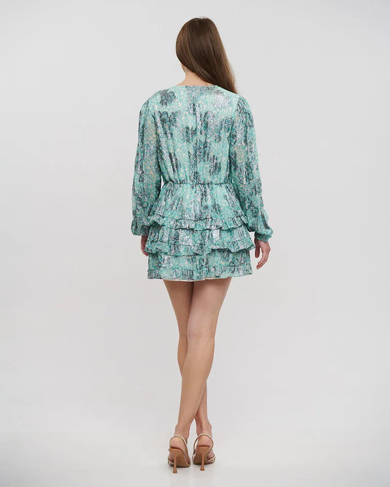 ΦΟΡΕΜΑ ΚΟΝΤΟ ΜΕ ΜΑΚΡΥ ΜΑΝΙΚΙ ΤΥΡΚΟΥΑΖ ΜΕ ΛΟΥΛΟΥΔΙΑ ΚΑΙ LUREX ONE SIZE (VISCOSE GEORGETTE)