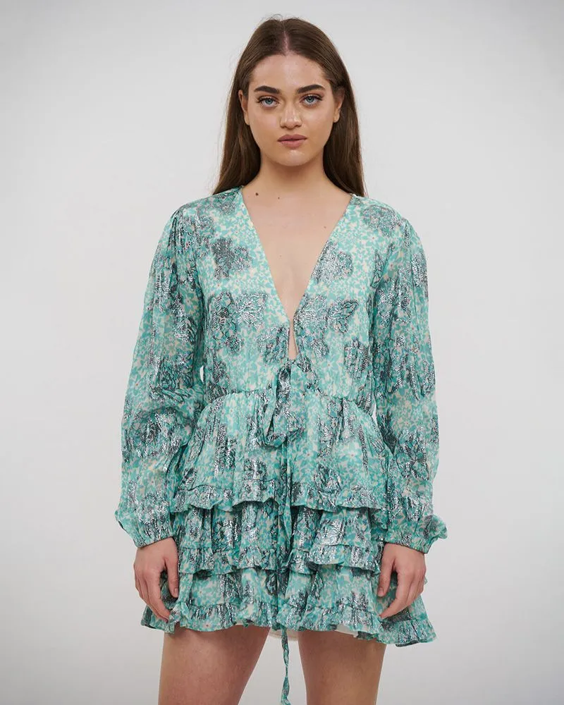 ΦΟΡΕΜΑ ΚΟΝΤΟ ΜΕ ΜΑΚΡΥ ΜΑΝΙΚΙ ΤΥΡΚΟΥΑΖ ΜΕ ΛΟΥΛΟΥΔΙΑ ΚΑΙ LUREX ONE SIZE (VISCOSE GEORGETTE)