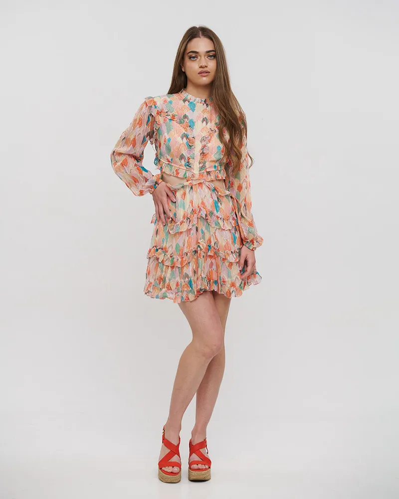 ΦΟΡΕΜΑ ΚΟΝΤΟ ΜΕ ΜΑΚΡΥ ΜΑΝΙΚΙ ΚΑΙ ΑΝΟΙΓΜΑ ΣΤΗ ΠΛΑΤΗ ΠΟΛΥΧΡΩΜΟ ΜΕ LUREX ONE SIZE (VISCOSE GEORGETTE)