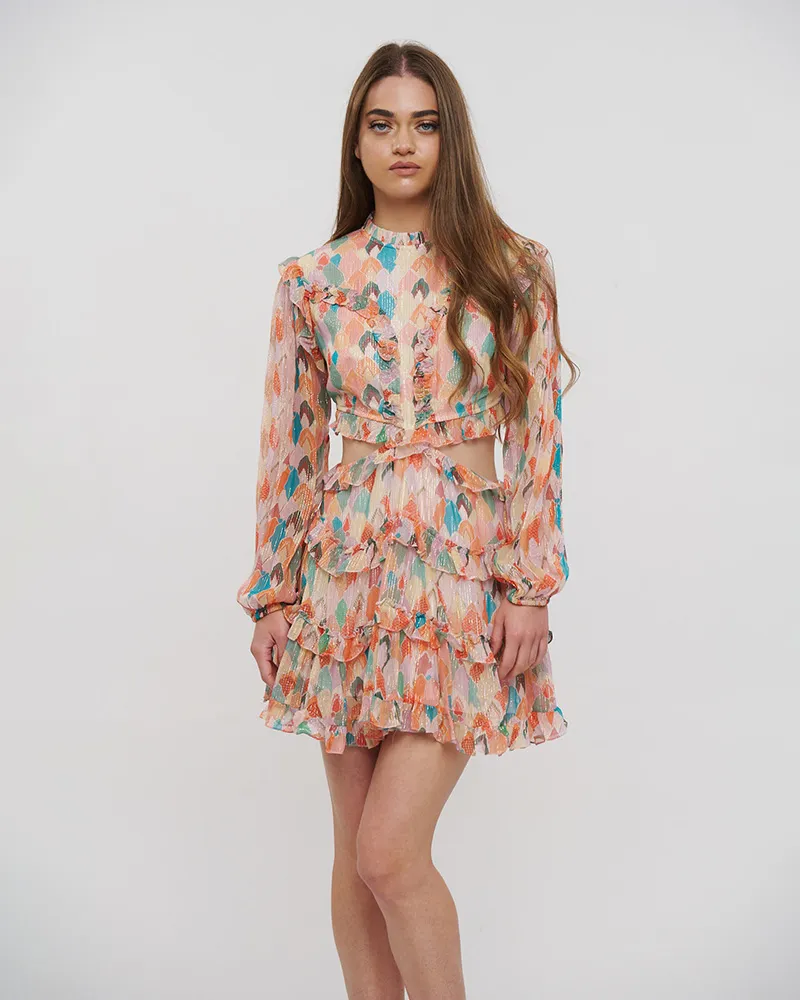 ΦΟΡΕΜΑ ΚΟΝΤΟ ΜΕ ΜΑΚΡΥ ΜΑΝΙΚΙ ΚΑΙ ΑΝΟΙΓΜΑ ΣΤΗ ΠΛΑΤΗ ΠΟΛΥΧΡΩΜΟ ΜΕ LUREX ONE SIZE (VISCOSE GEORGETTE)